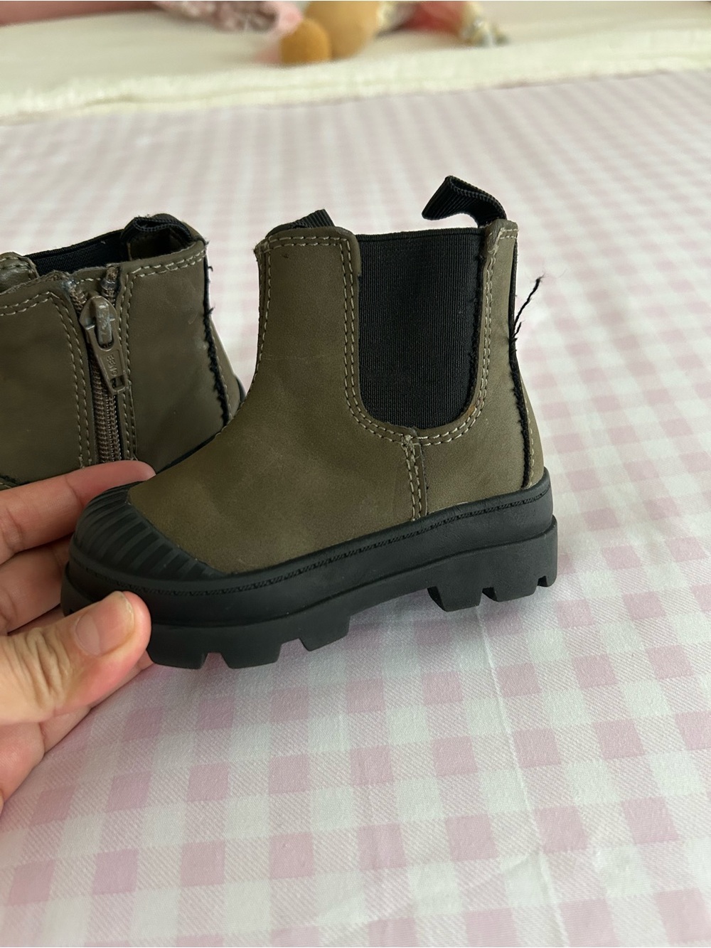 H&M Olive Green Kids Zip Ankle Boots with Black Soles - Picture 2 of 6
